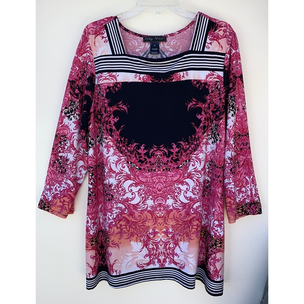Casual Chic  long sleeve pink black & white  Blouse‎ Women's Size XL